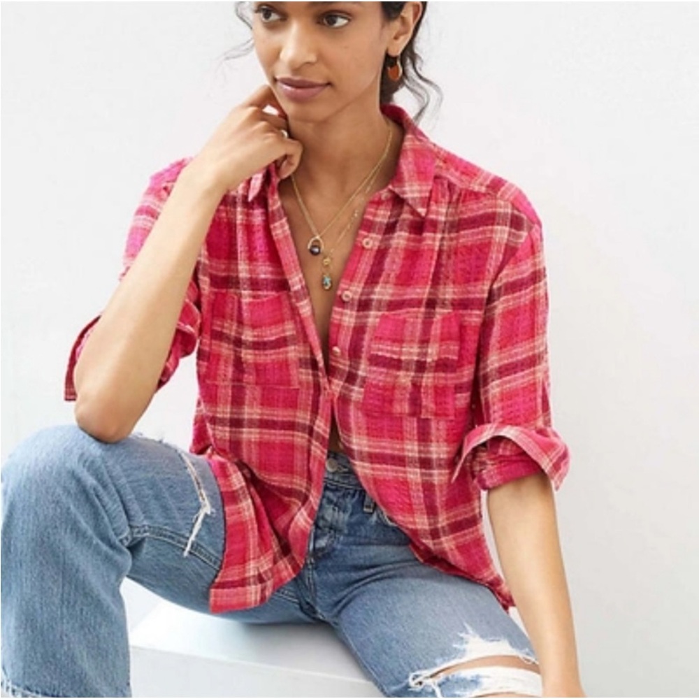 Anthropologie Pilcro Pink Plaid Relaxed Button Down Shirt XS